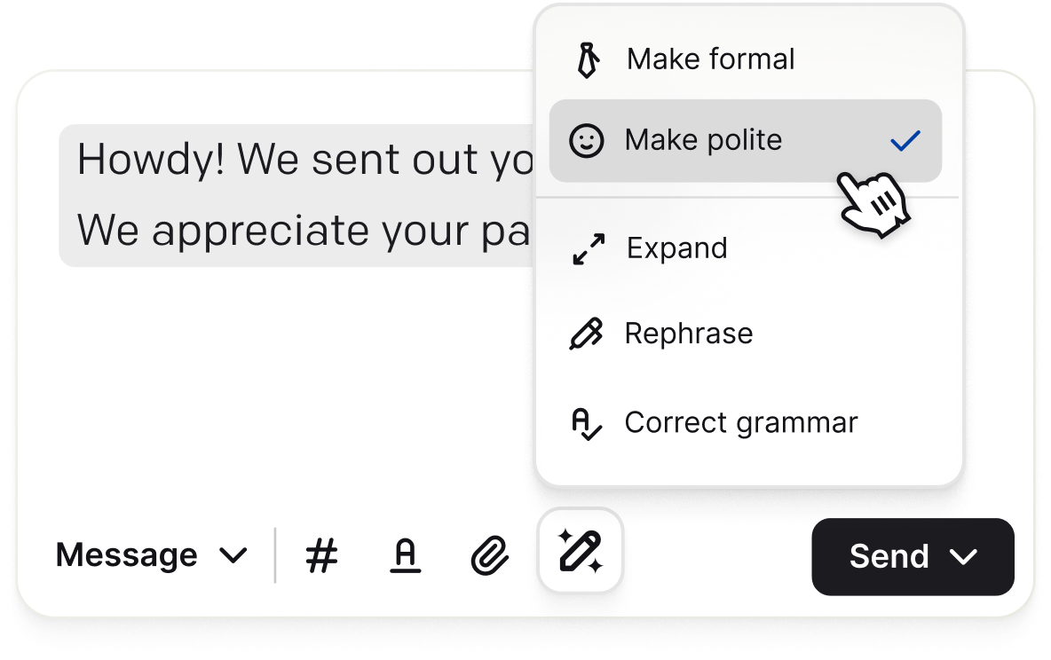 Refine options including tone change, expand, rephrase, and correct grammar.
