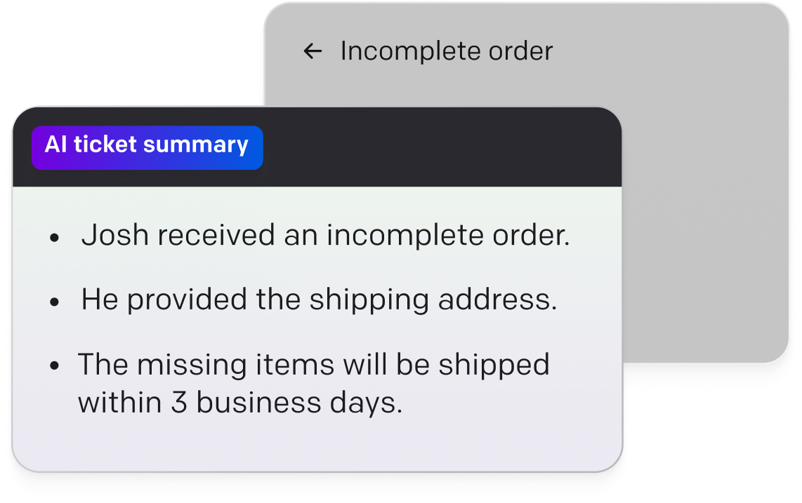 AI ticket summary showing key details of an incomplete order case.