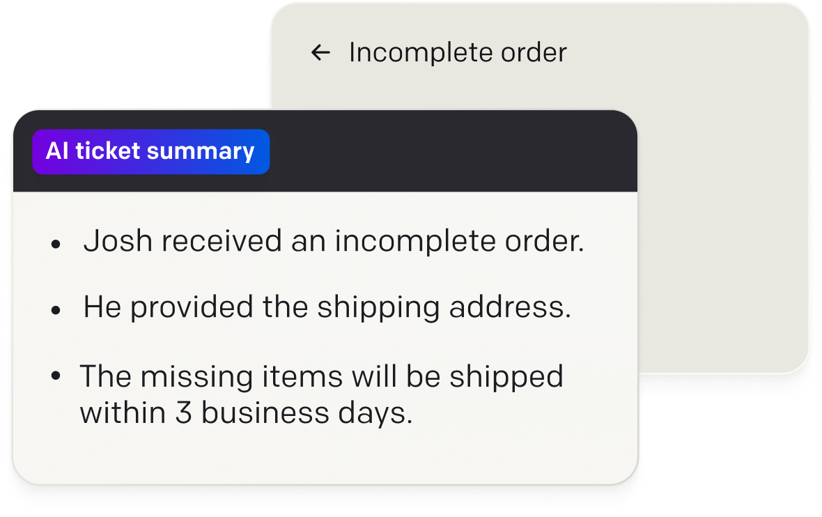 AI ticket summary showing key details of an incomplete order case.