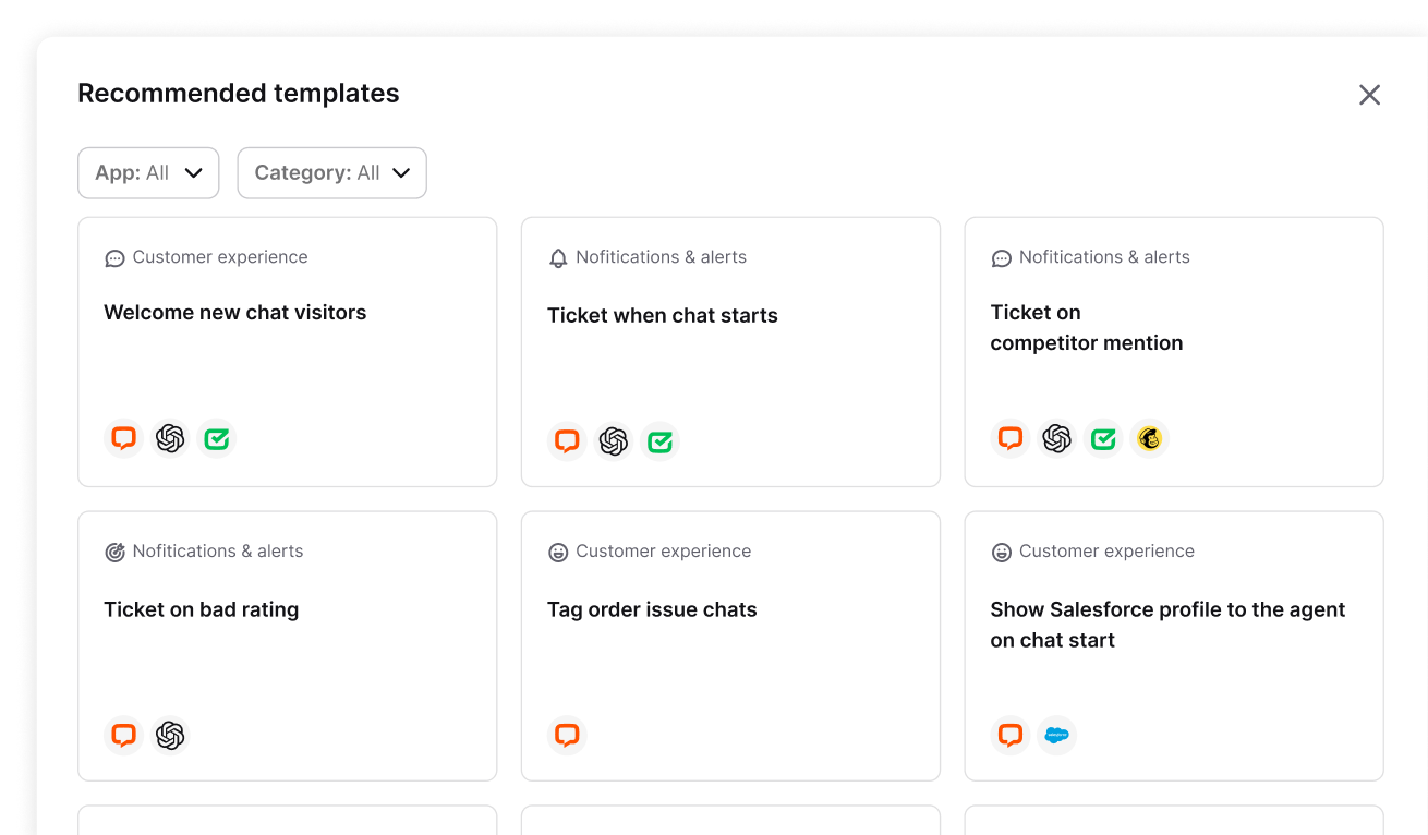 Recommended templates picker showing template cards like Welcome new chat visitors, Ticket on bad rating, and Tag order issue chats, filterable by app and category.
