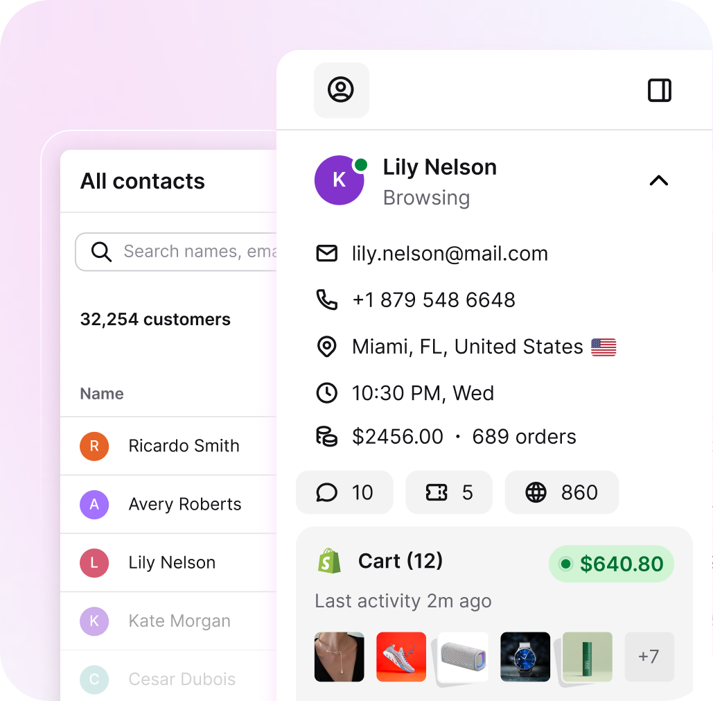Customer list interface showing contacts, real-time visitor data, customer details, and ticket information.