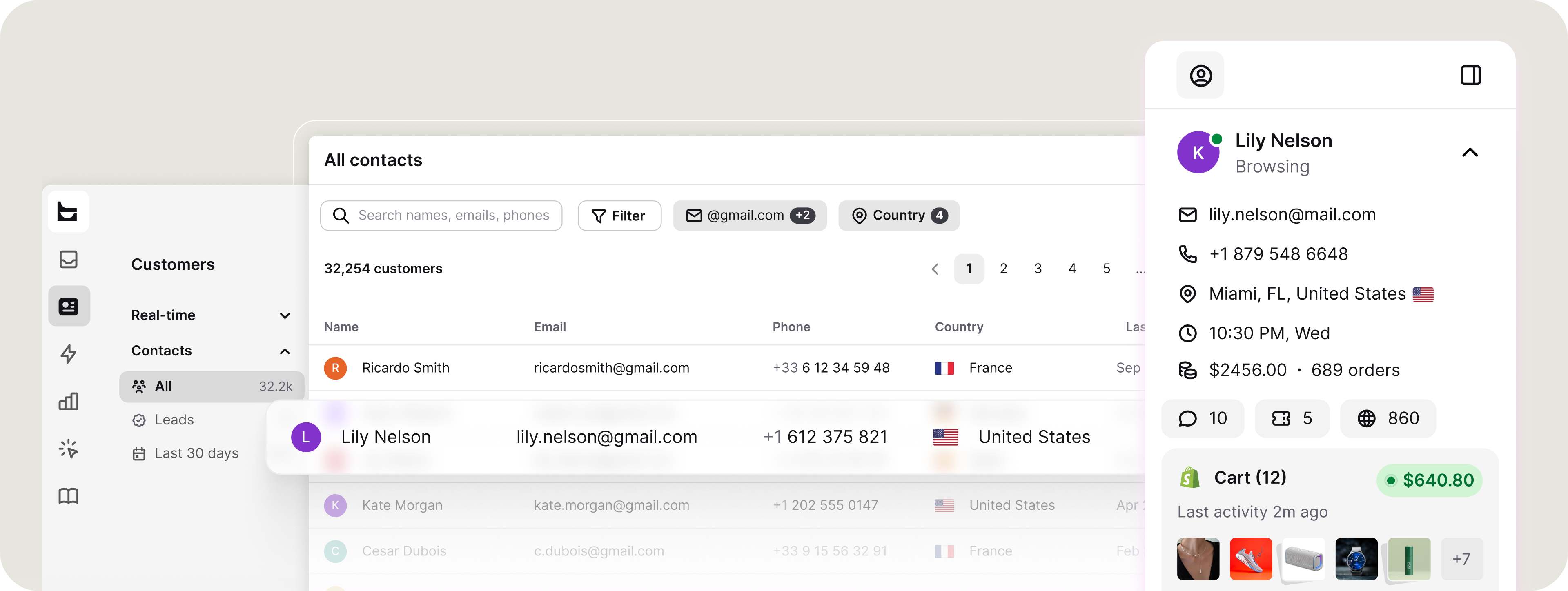 Customer list interface showing contacts, real-time visitor data, customer details, and ticket information.