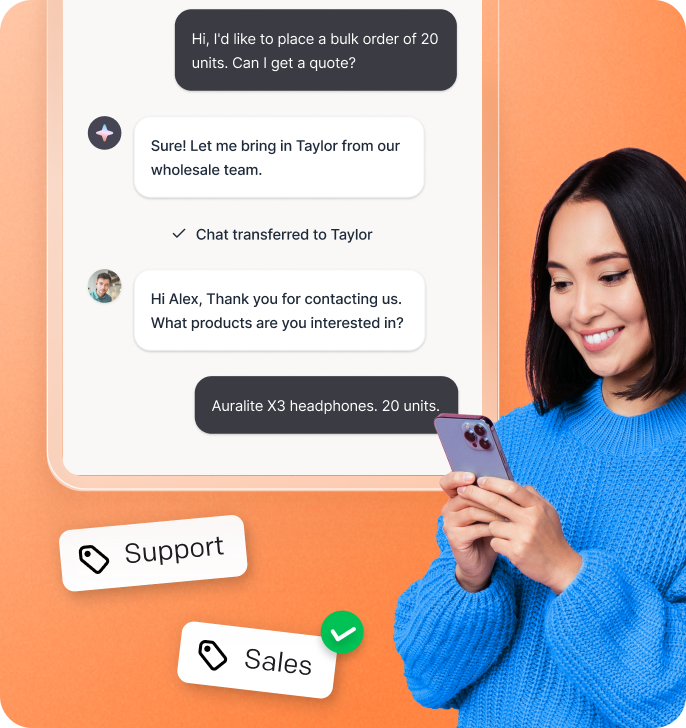 AI live chat automation interface showing real-time conversation management with chat transfer and team collaboration.
