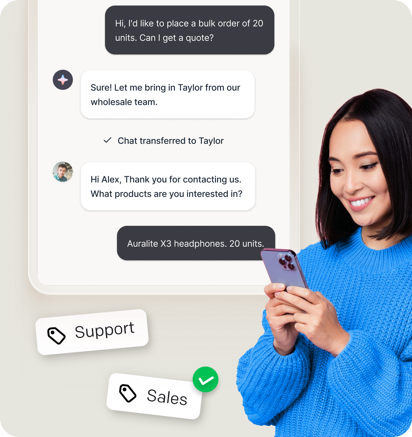 A live chat being transferred to a Support teammate, with Sales and Support tags, as the customer follows up from their phone.