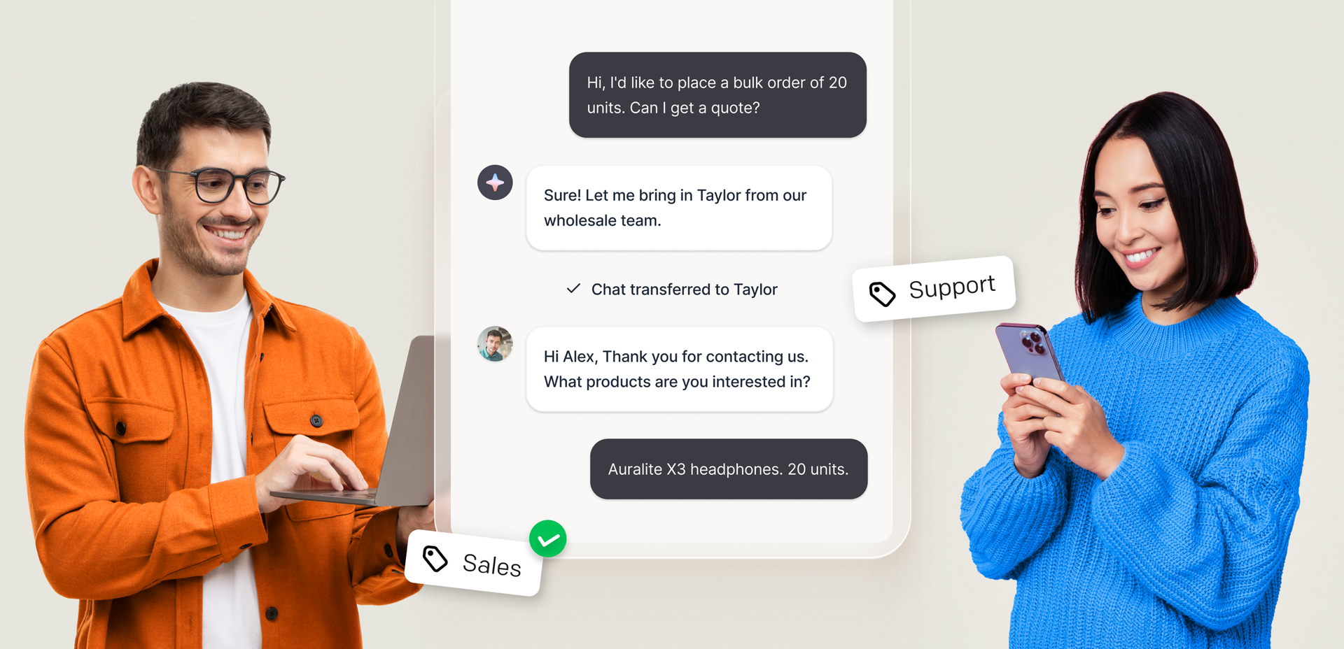 A live chat being transferred from a Sales teammate to a Support teammate, with tags marking each team as the customer follows up from their phone.
