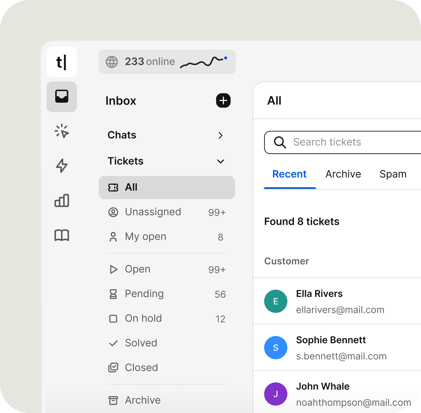 Tickets inbox showing a list of support tickets with customer, subject, priority, assigned teammate, and status columns.