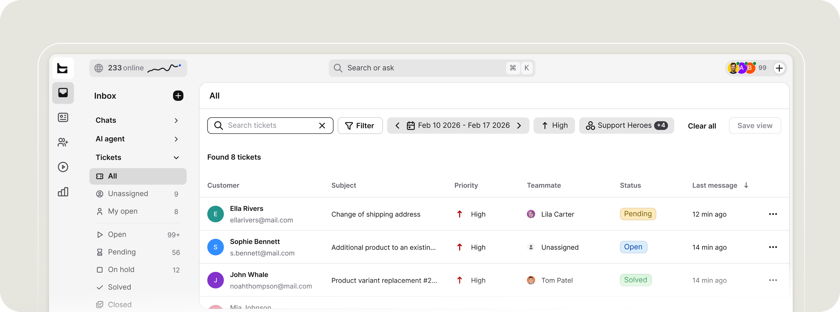 Tickets inbox showing a list of support tickets with customer, subject, priority, assigned teammate, and status columns.