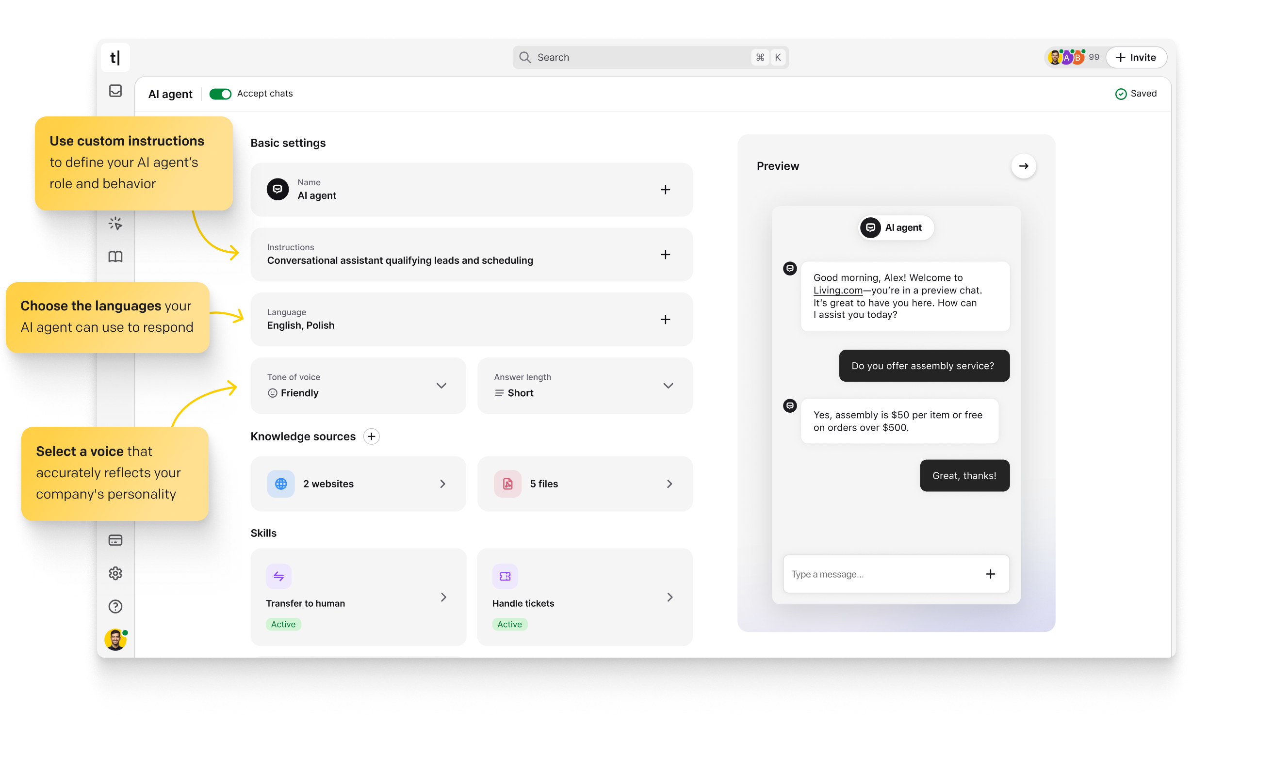 ChatBot app interface with a chatbot diagram including elements like Start point, Welcome message, AI Assist, Default fallback, User input, Shopify and HelpDesk actions, next to other Interactions and Actions available in the ChatBot's Visual Builder, AI Knowledge and Training sections, and Test your bot and Publish buttons. Fine-tune your custom AI model by adding more resources and custom answers. Drag and drop blocks to easily customize your AI chatbot flow.
