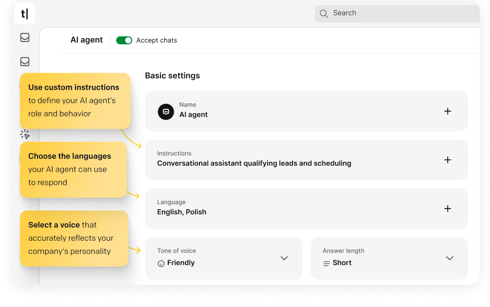 ChatBot app interface with a chatbot diagram including elements like Start point, Welcome message, AI Assist, Default fallback, User input, Shopify and HelpDesk actions, next to other Interactions and Actions available in the ChatBot's Visual Builder, AI Knowledge and Training sections, and Test your bot and Publish buttons. Fine-tune your custom AI model by adding more resources and custom answers. Drag and drop blocks to easily customize your AI chatbot flow.