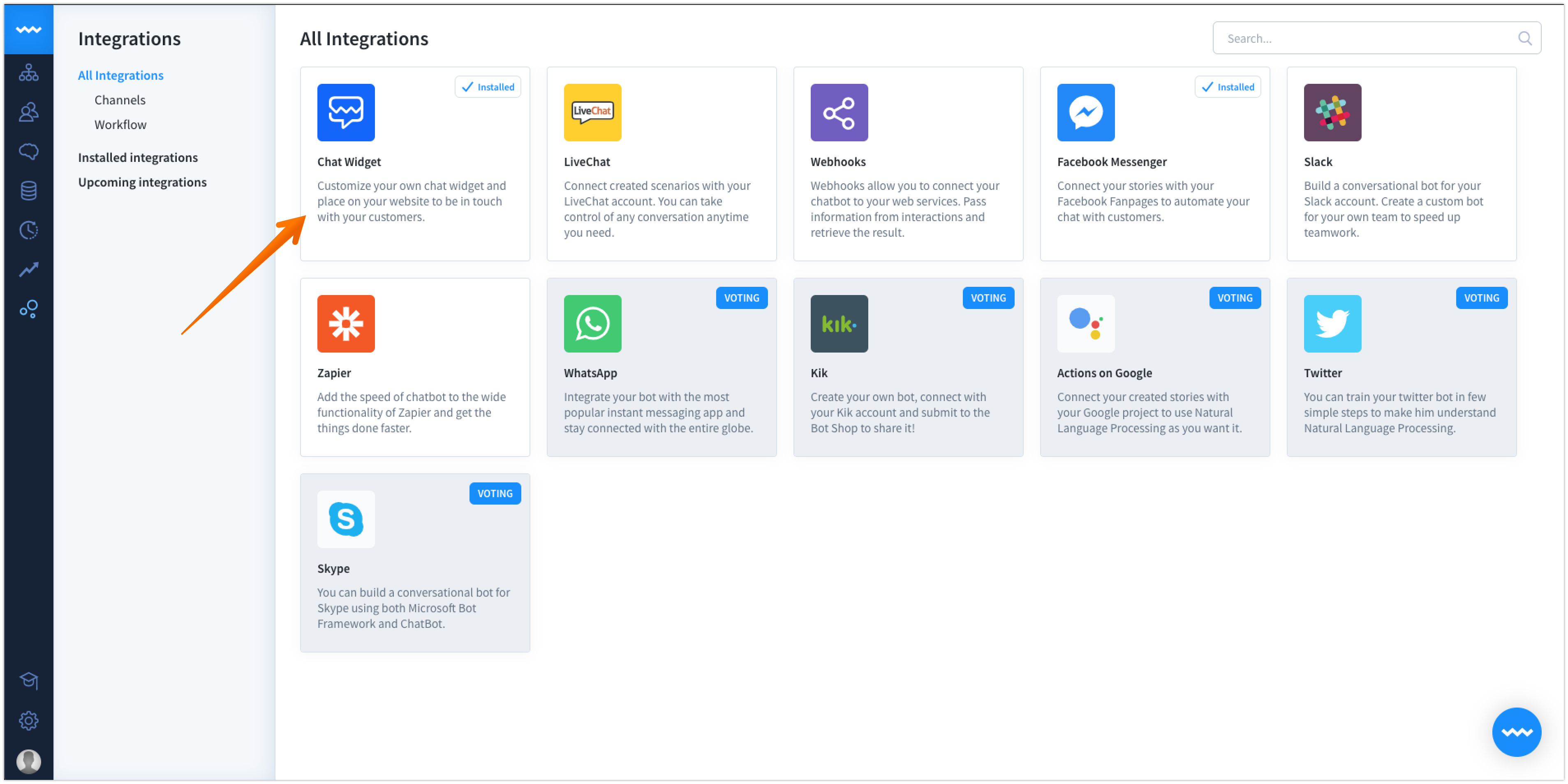 Integrations section in ChatBot - Chat Widget