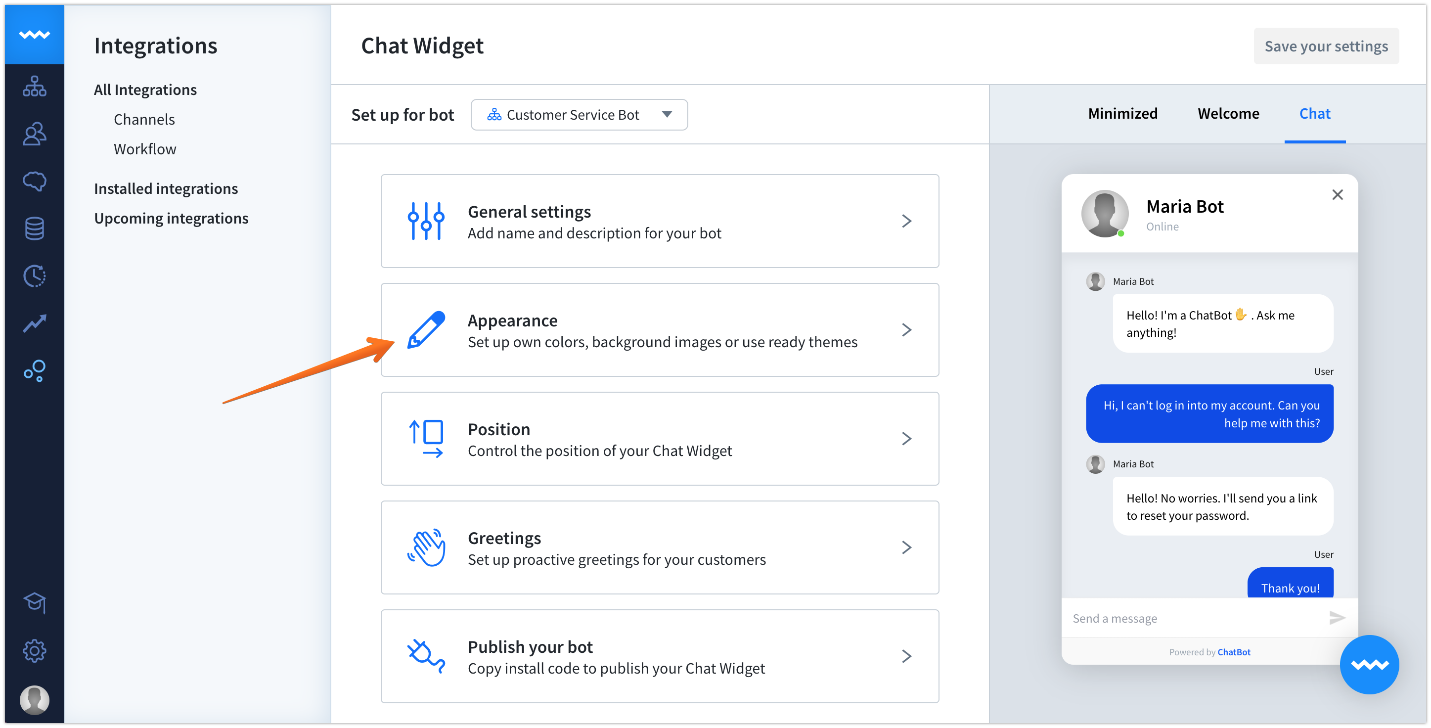 Editing Chat Widget’s appearance in ChatBot