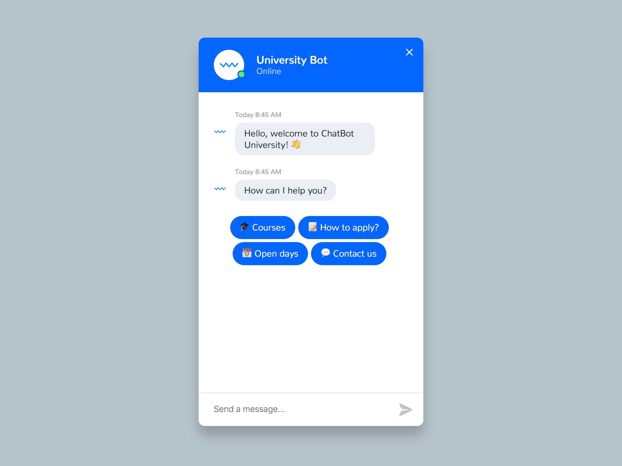 University Chatbot template with intuitive navigation