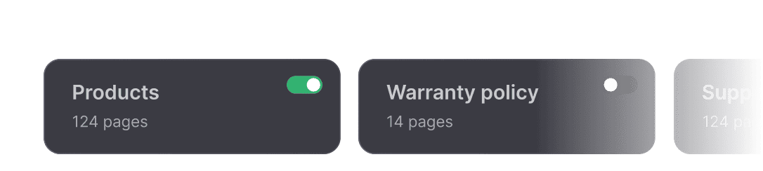 Knowledge base management showing products and warranty policy data sources for ecommerce bot to provide instant responses