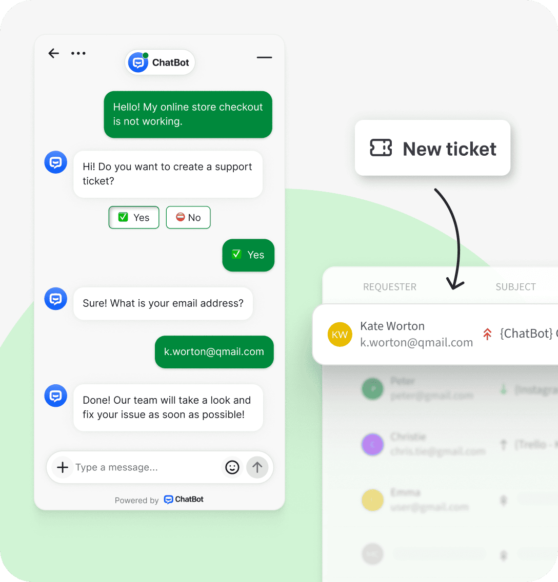 Ecommerce chatbot creating support tickets from customer conversations, allowing customers to connect with human agents when needed