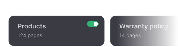 Knowledge base management showing products and warranty policy data sources for ecommerce bot to provide instant responses
