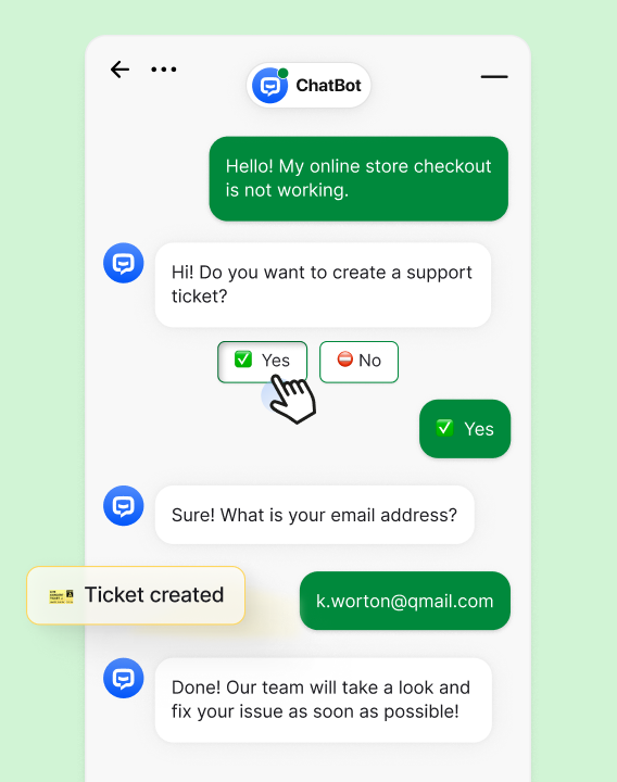 Ecommerce chatbot creating support tickets from customer conversations, allowing customers to connect with human agents when needed