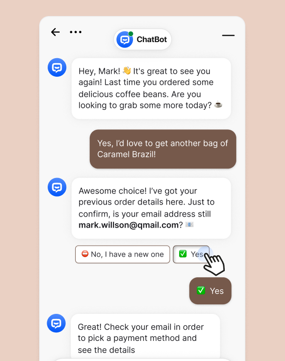 Conversational AI chatbot remembering customer order history and providing personalized recommendations to boost conversions and create loyal customers
