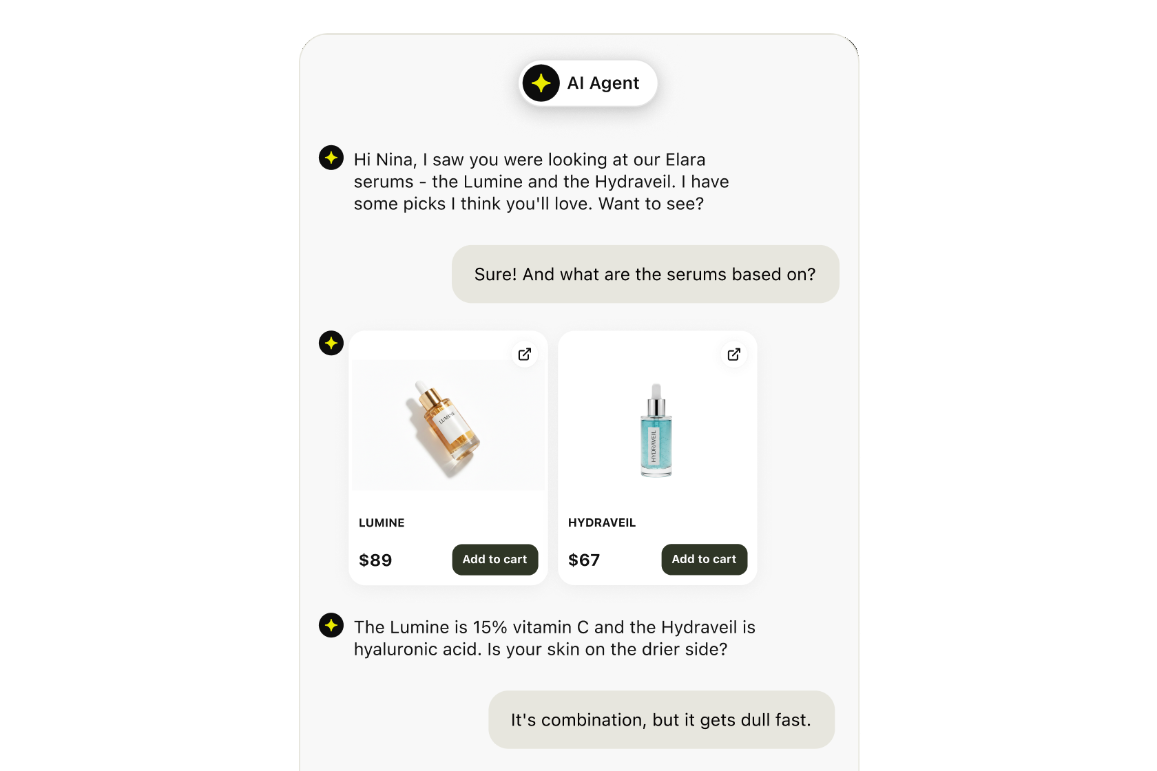 AI retail chatbot recommending skincare products in the chat