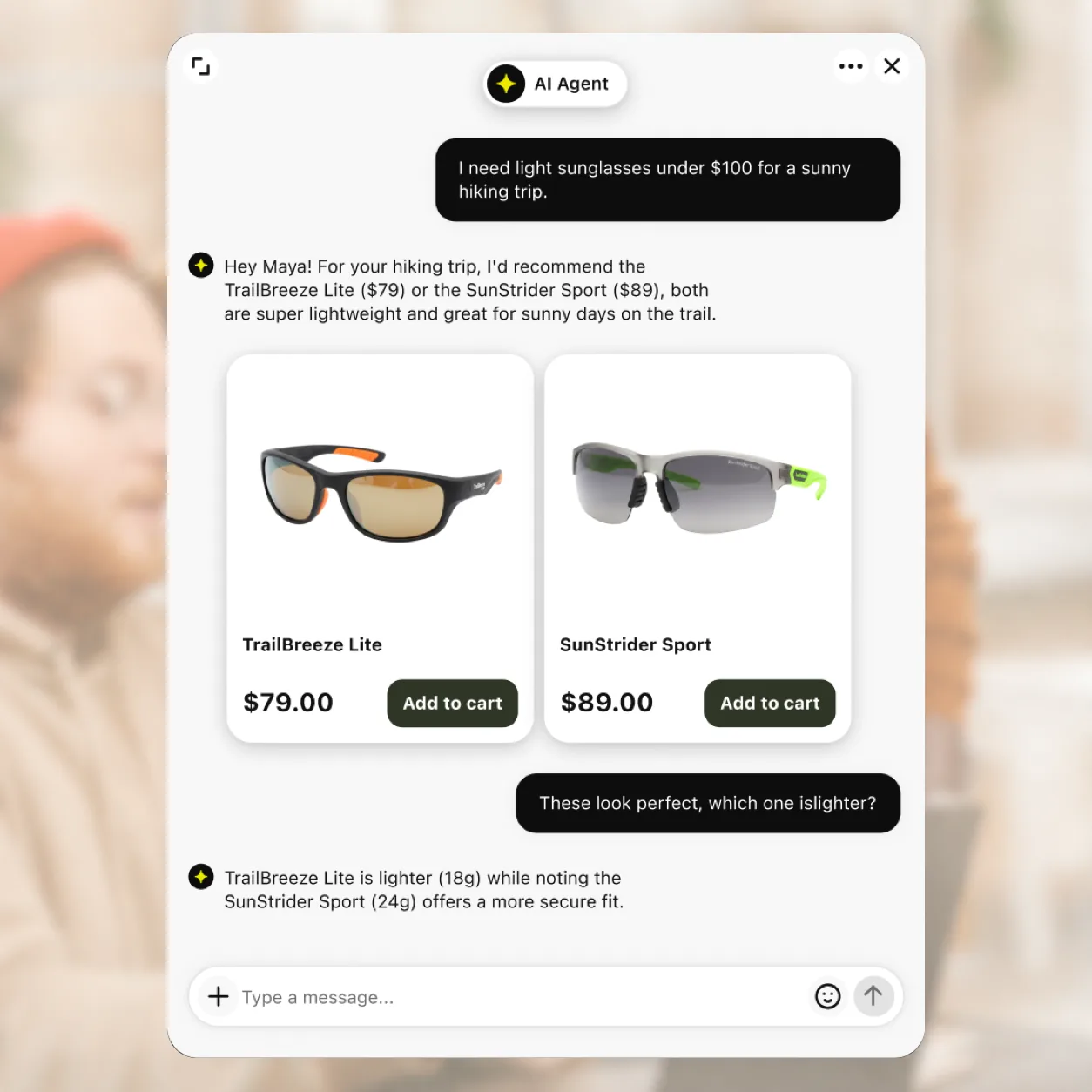 Two retail team members viewing an AI chatbot that recommends sunglasses to a shopper