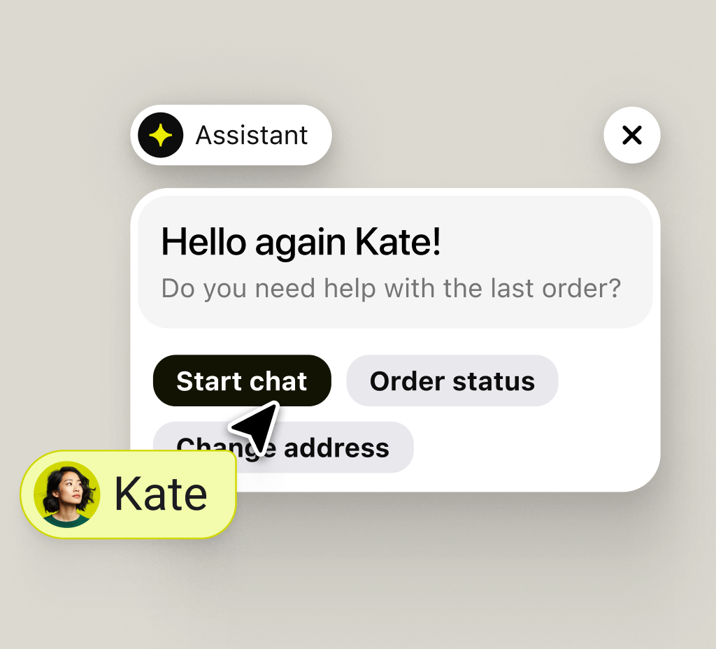 Chat widget recognizing a returning visitor by name and offering quick options tied to their recent order