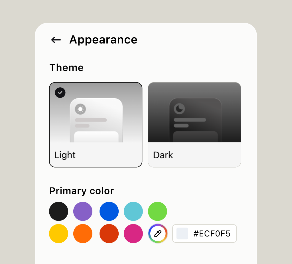 Chat widget appearance editor with theme, color, and background options