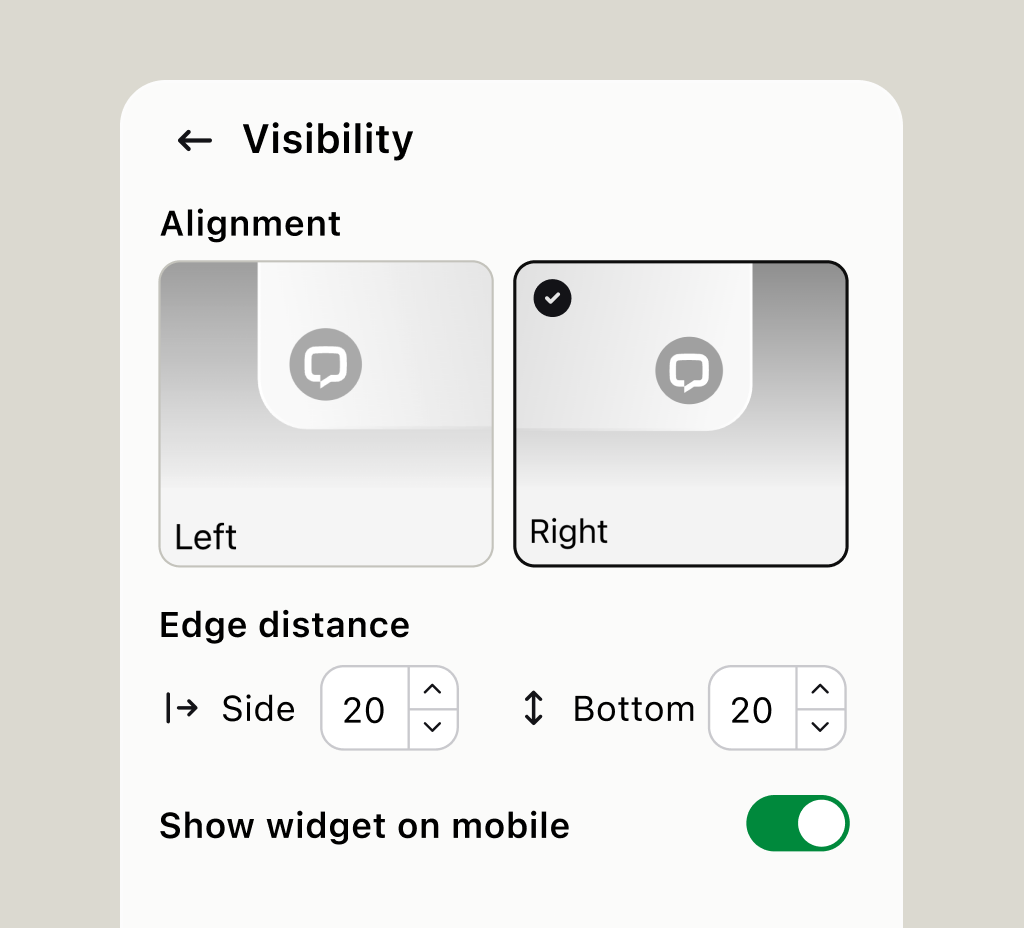 Widget position settings showing bubble placement options on a website