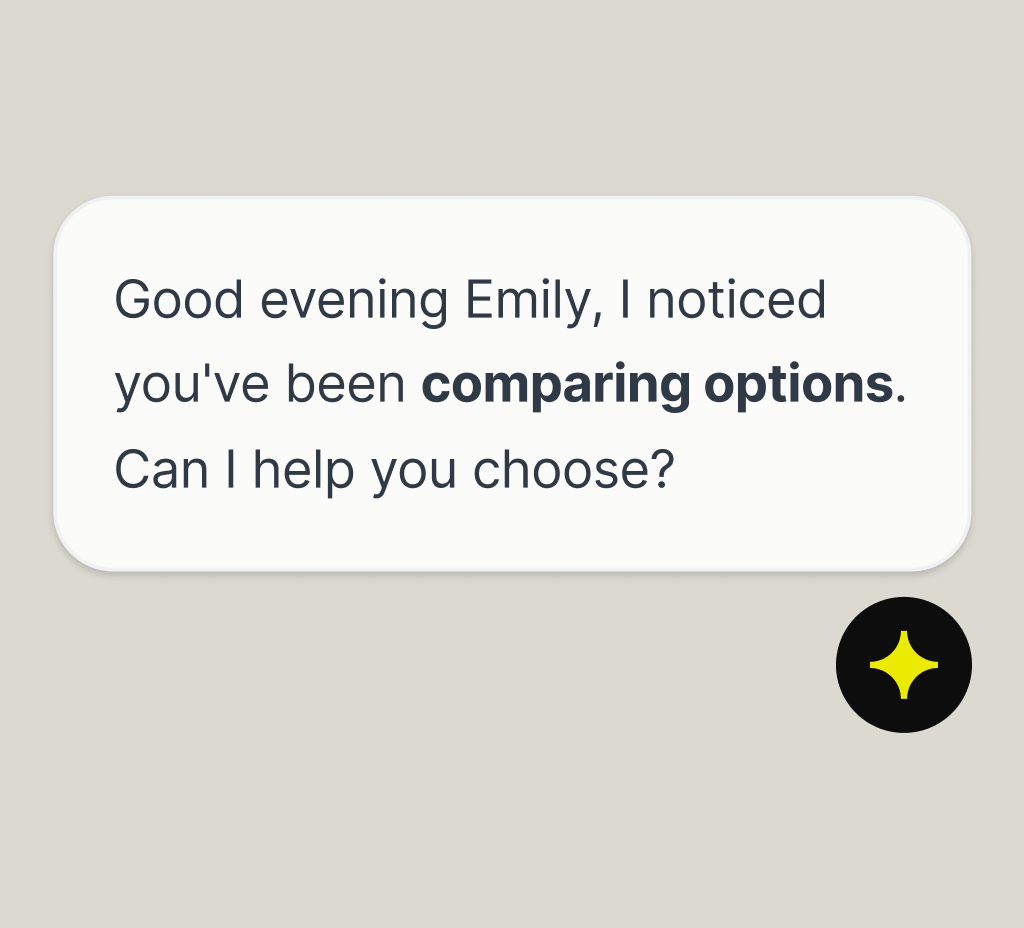 Chat widget welcome screen with a greeting, a Chat now button, and quick links