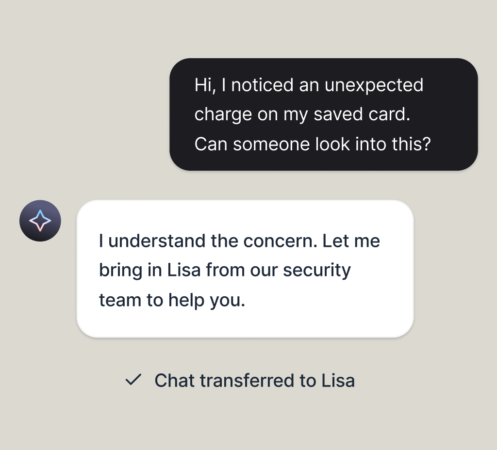 AI agent bringing in a named teammate mid-chat, with the conversation transferred to them