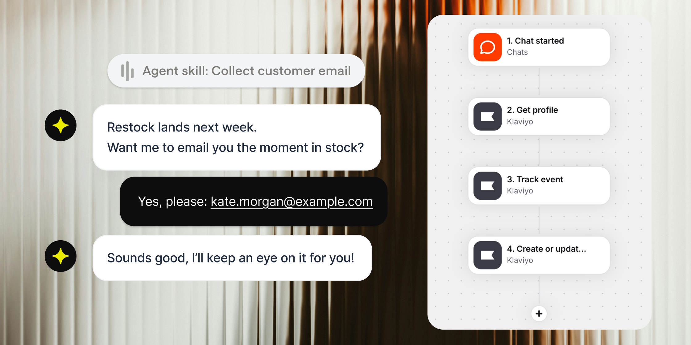 AI agent collecting a shopper's email for a restock alert, beside the workflow that gets the Klaviyo profile, tracks the event, and updates the profile
