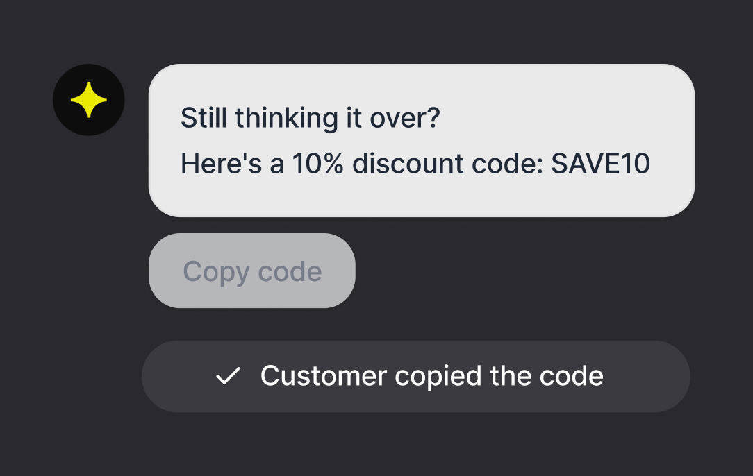 AI agent sending a hesitating shopper a 10 percent discount code, with the customer copying it