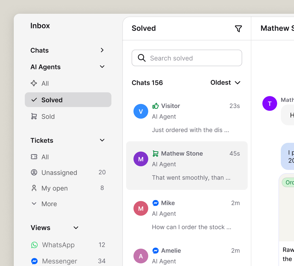 Single inbox listing AI chats, live chats, and tickets from several channels