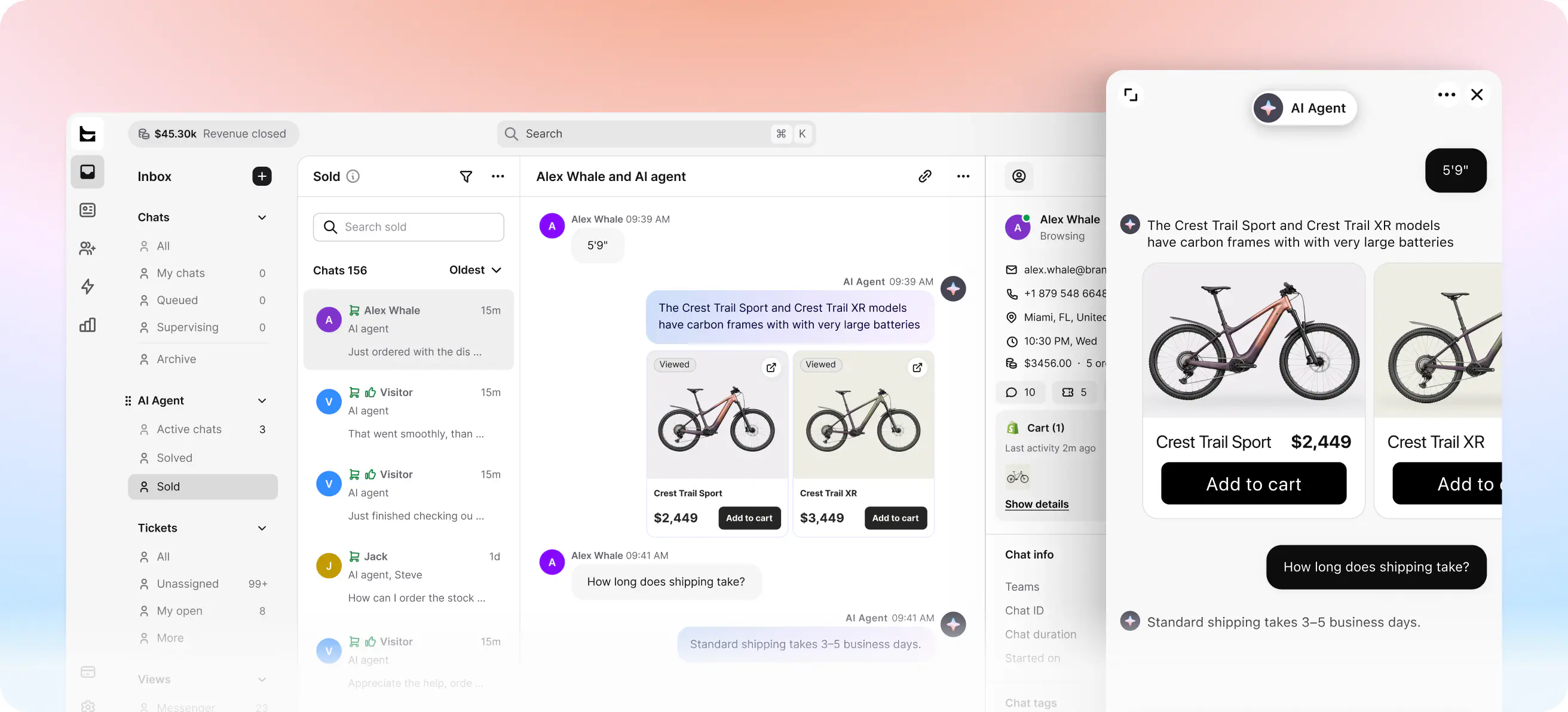 Text inbox and AI Agent chat helping a customer compare products and buy in conversation