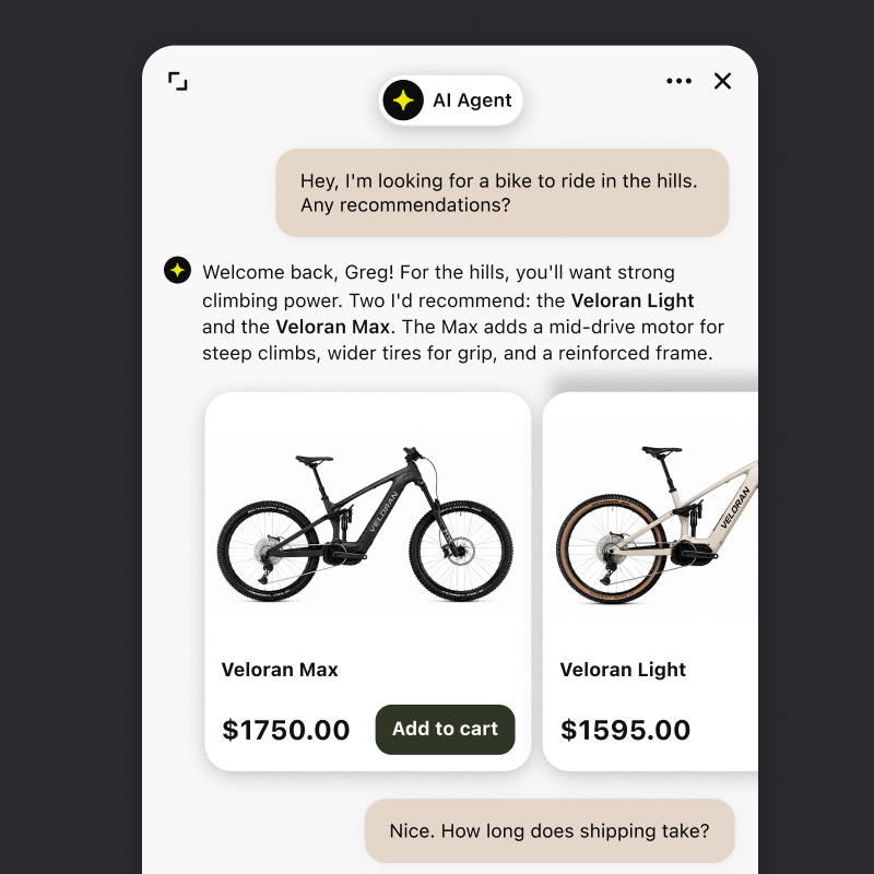 AI agent trained on store knowledge sources recommending bikes with add-to-cart in a Shopify chat