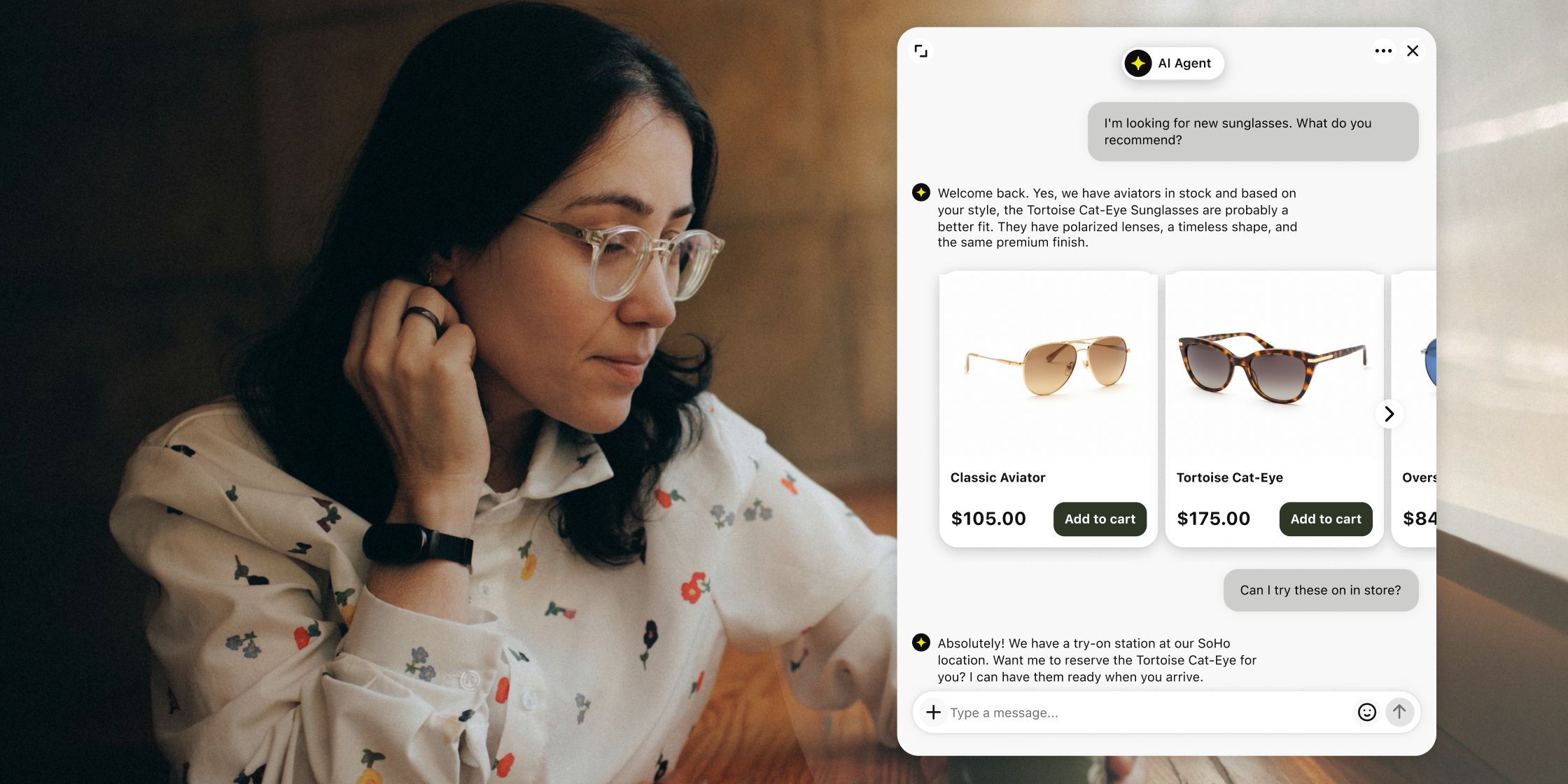 Shopify AI chatbot by Text recommending products with add-to-cart buttons in chat while a shopper browses the store