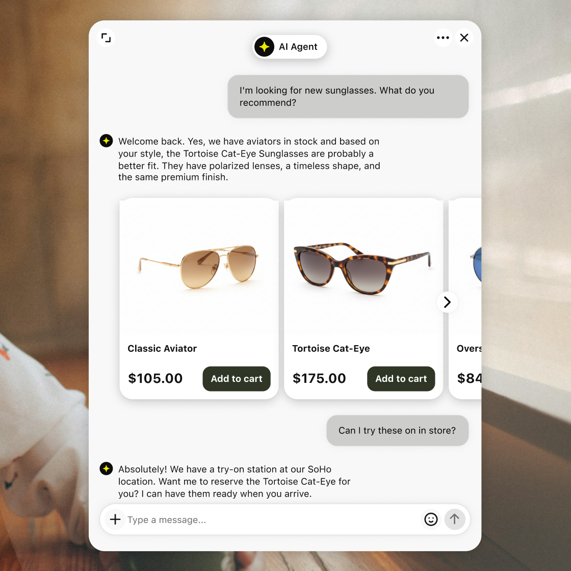 Shopify AI chatbot by Text recommending products with add-to-cart buttons in chat while a shopper browses the store