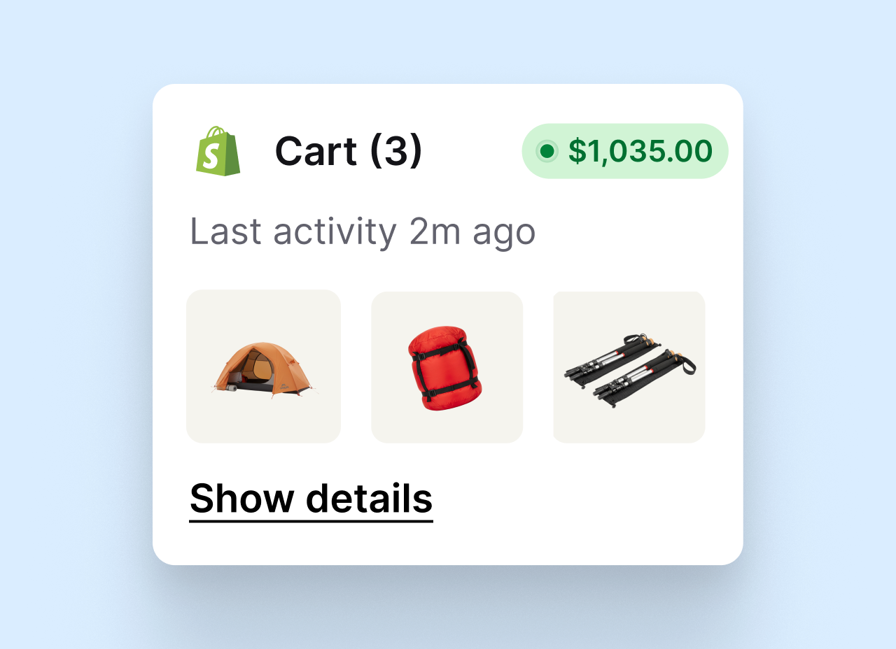 Live Shopify cart with three items worth 1,035 dollars and activity two minutes ago