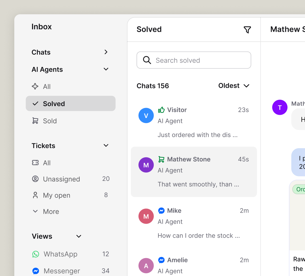 Text inbox showing AI agent chats with solved and sold sections, tickets, and channel views in one interface
