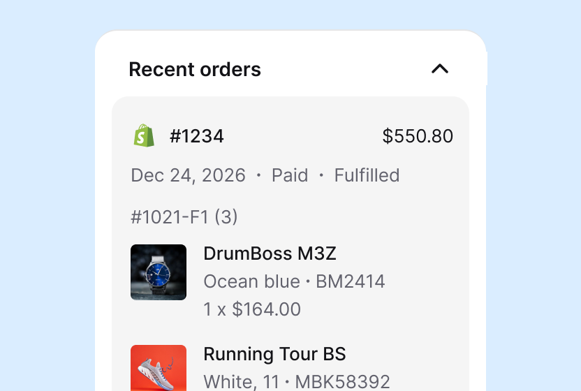 Recent Shopify orders with product variants, quantities, and prices