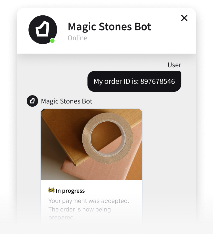 ChatBot showing the order status from a Shopify store