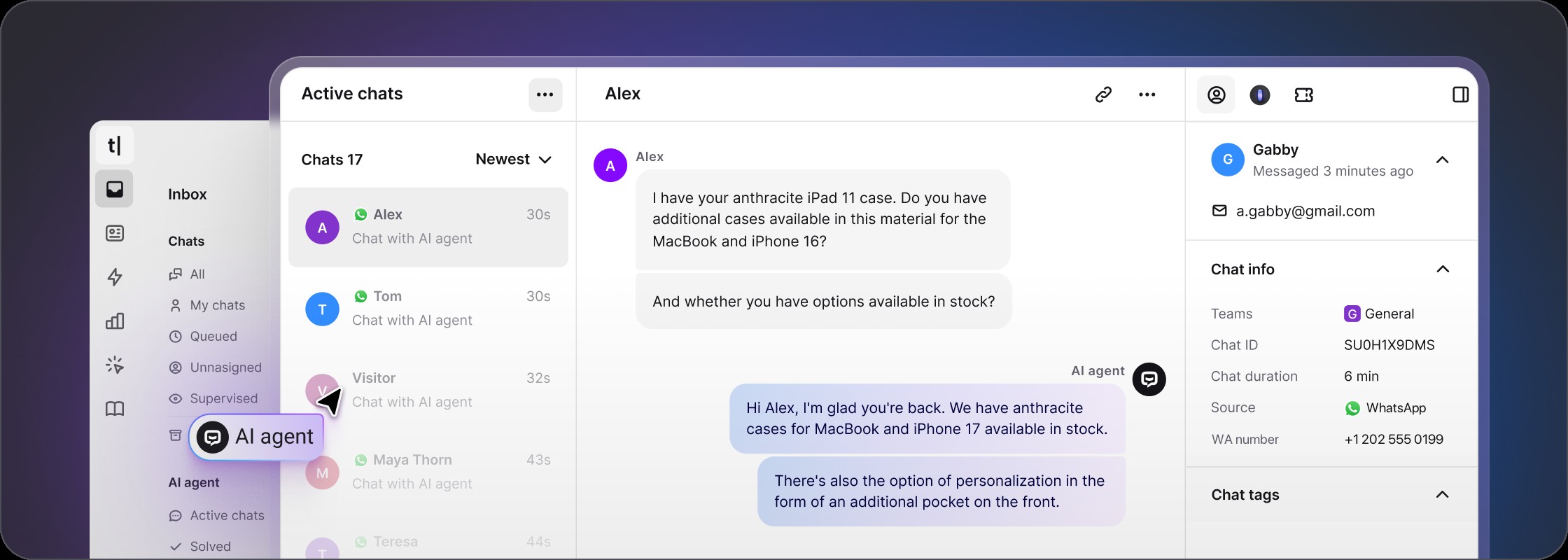AI agent answering a customer question in the Text inbox