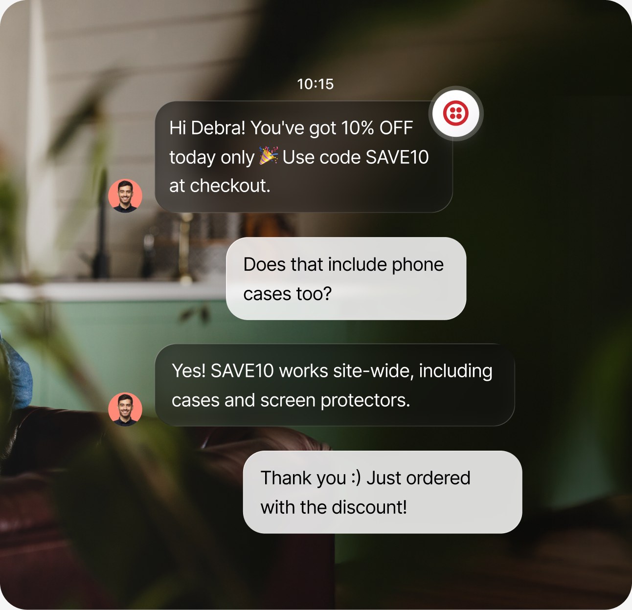 A Twilio SMS conversation where an AI agent shares a discount code and confirms the order