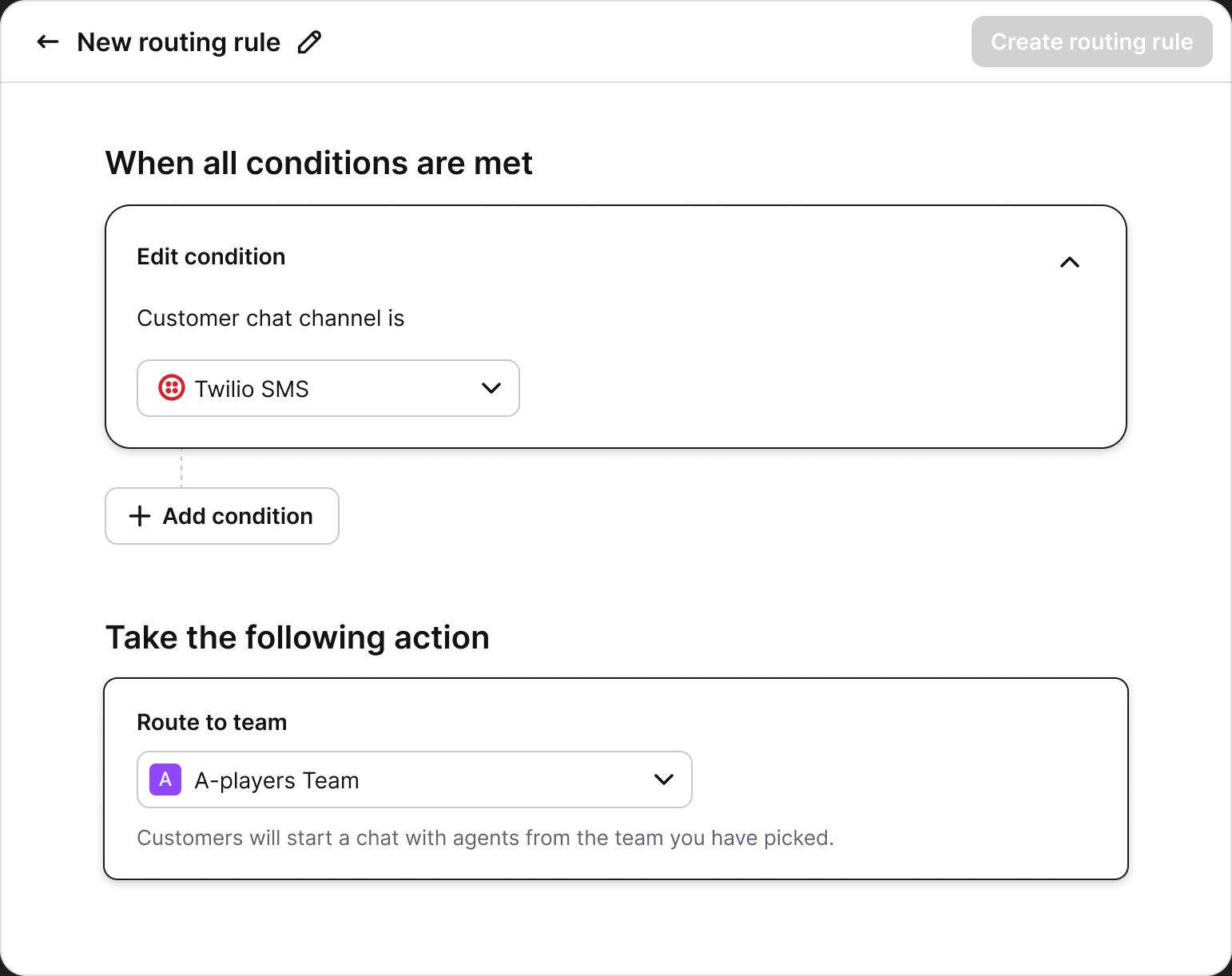 Text routing rule with Twilio SMS selected as the customer chat channel and a team chosen as the destination