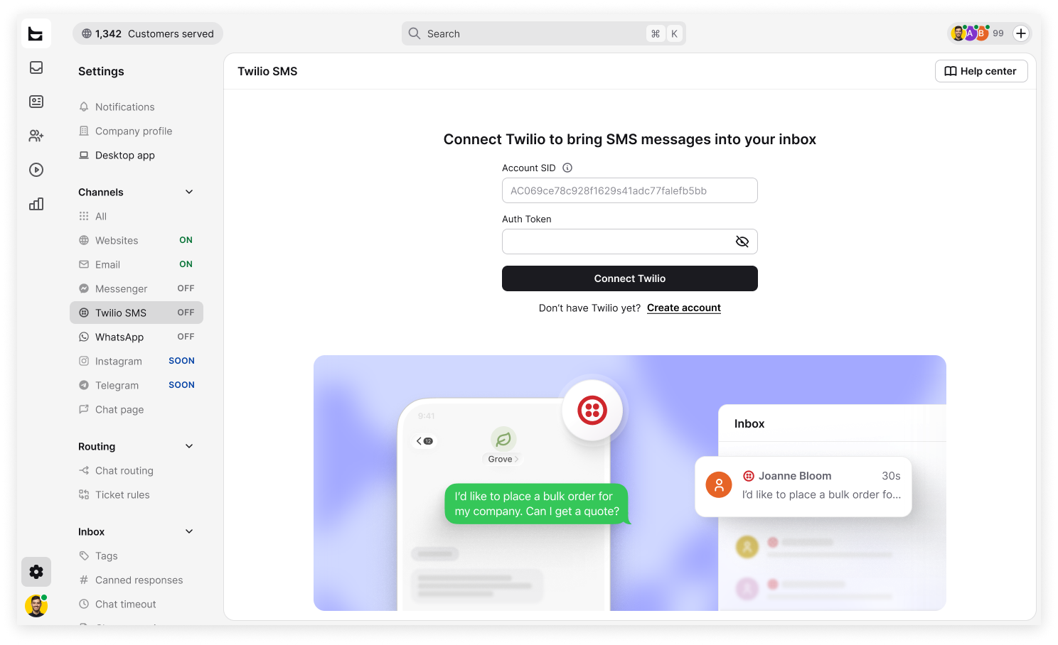 Current Text Settings screen for connecting Twilio SMS with Account SID, Auth Token, and Connect Twilio button