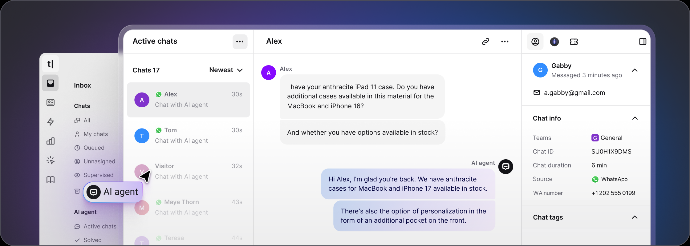 AI agent answering WhatsApp chats in the Text inbox with customer details in view