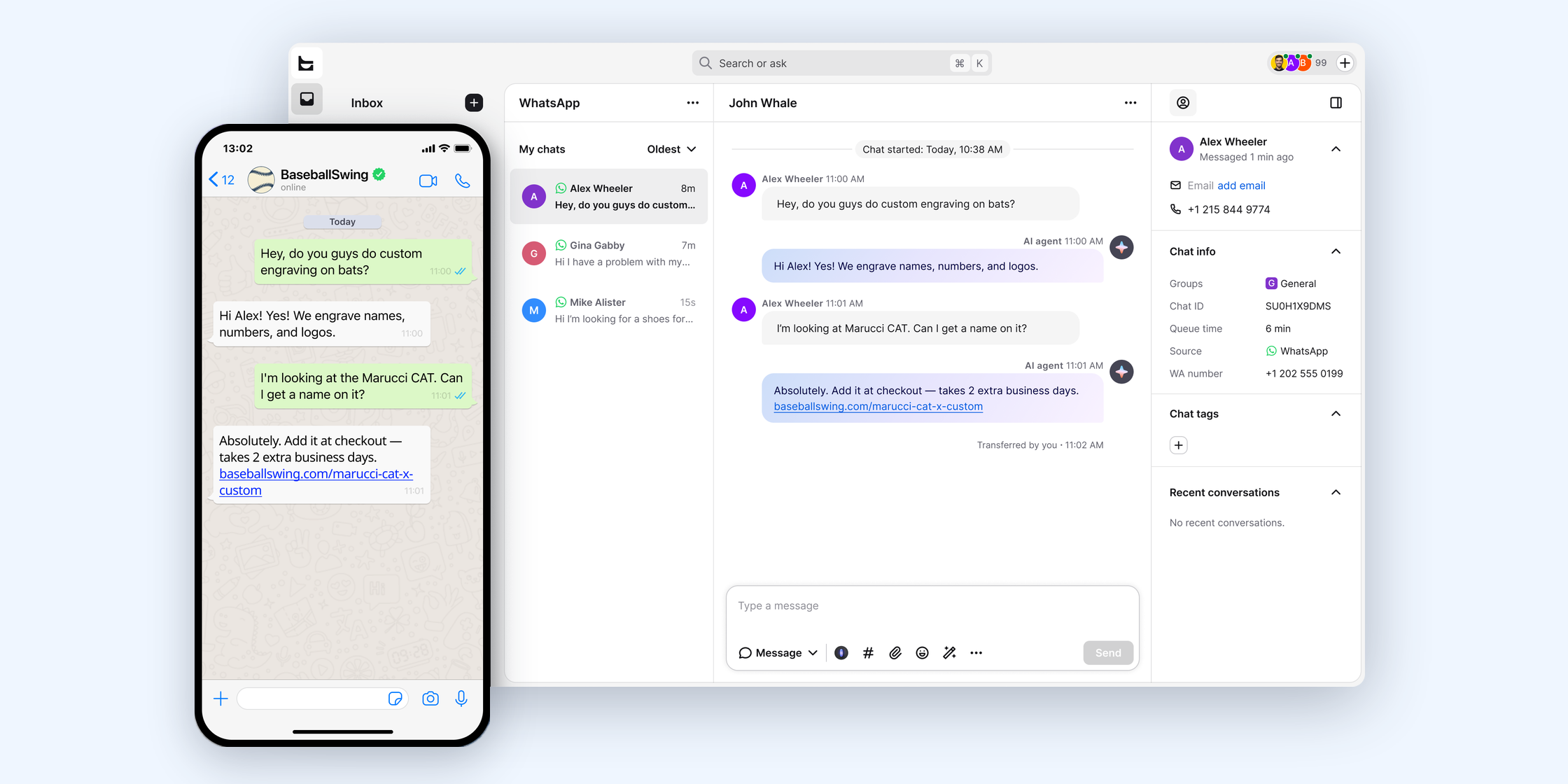 WhatsApp conversation on a customer's phone next to the same chat handled by the AI agent in the Text inbox
