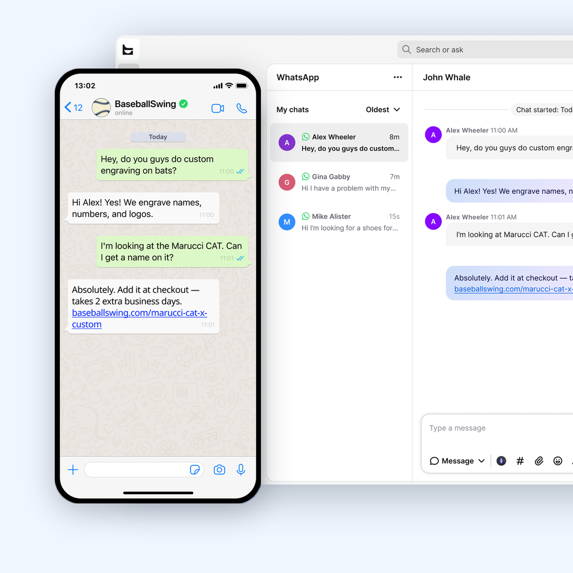WhatsApp conversation on a customer's phone next to the same chat handled by the AI agent in the Text inbox