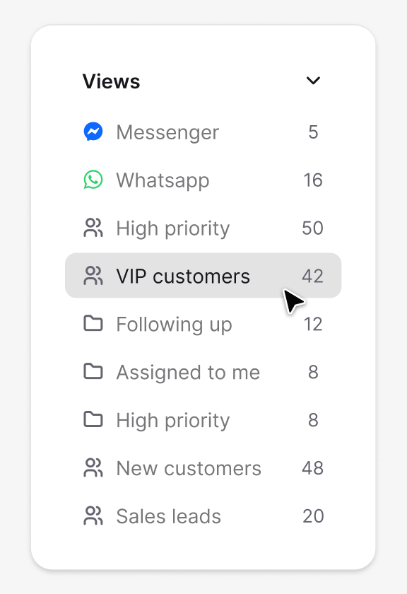 Inbox views filtering conversations by channel, with WhatsApp chats in their own view