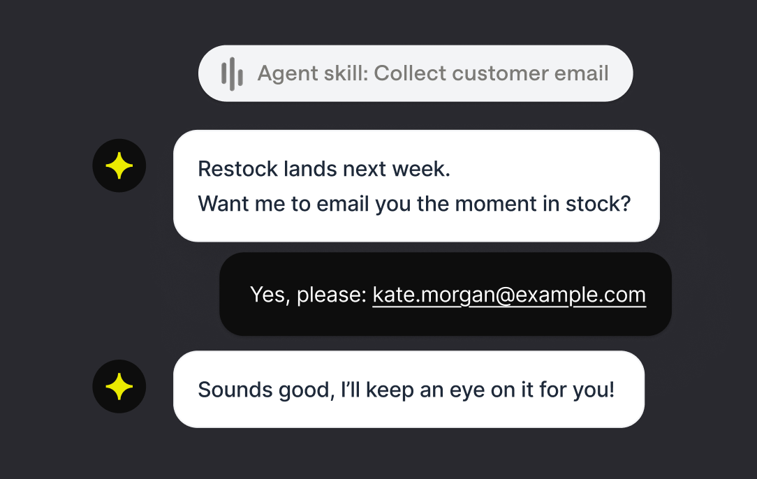 AI agent collecting a shopper's email address for a restock notification