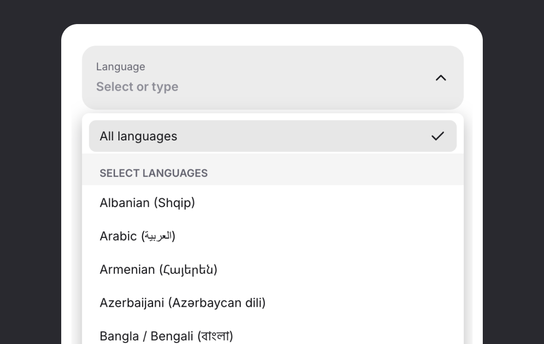 AI agent language selector with all languages enabled