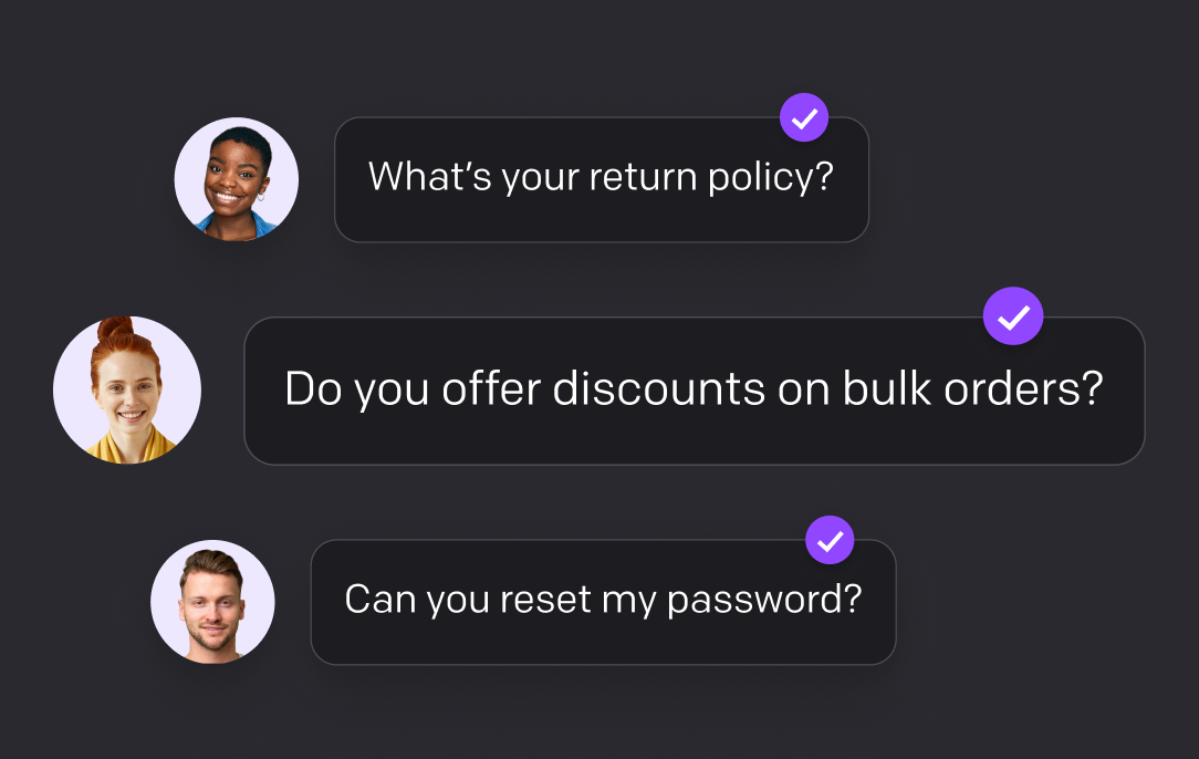 Customer questions about returns, bulk-order discounts, and password resets marked as handled